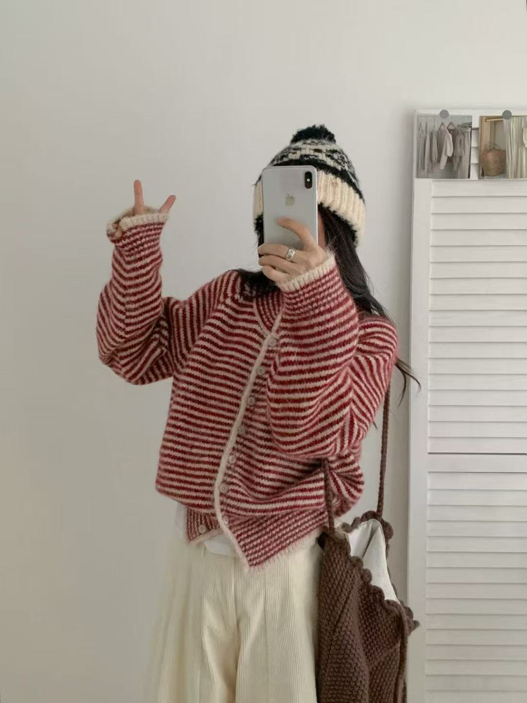 厚条纹红色毛衣上衣外套3