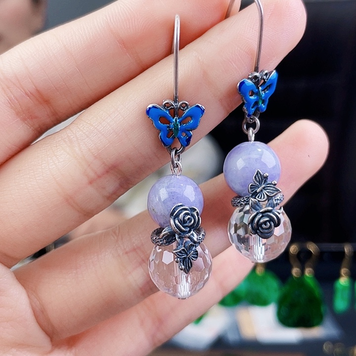 翡翠耳饰银S925镶嵌饰品