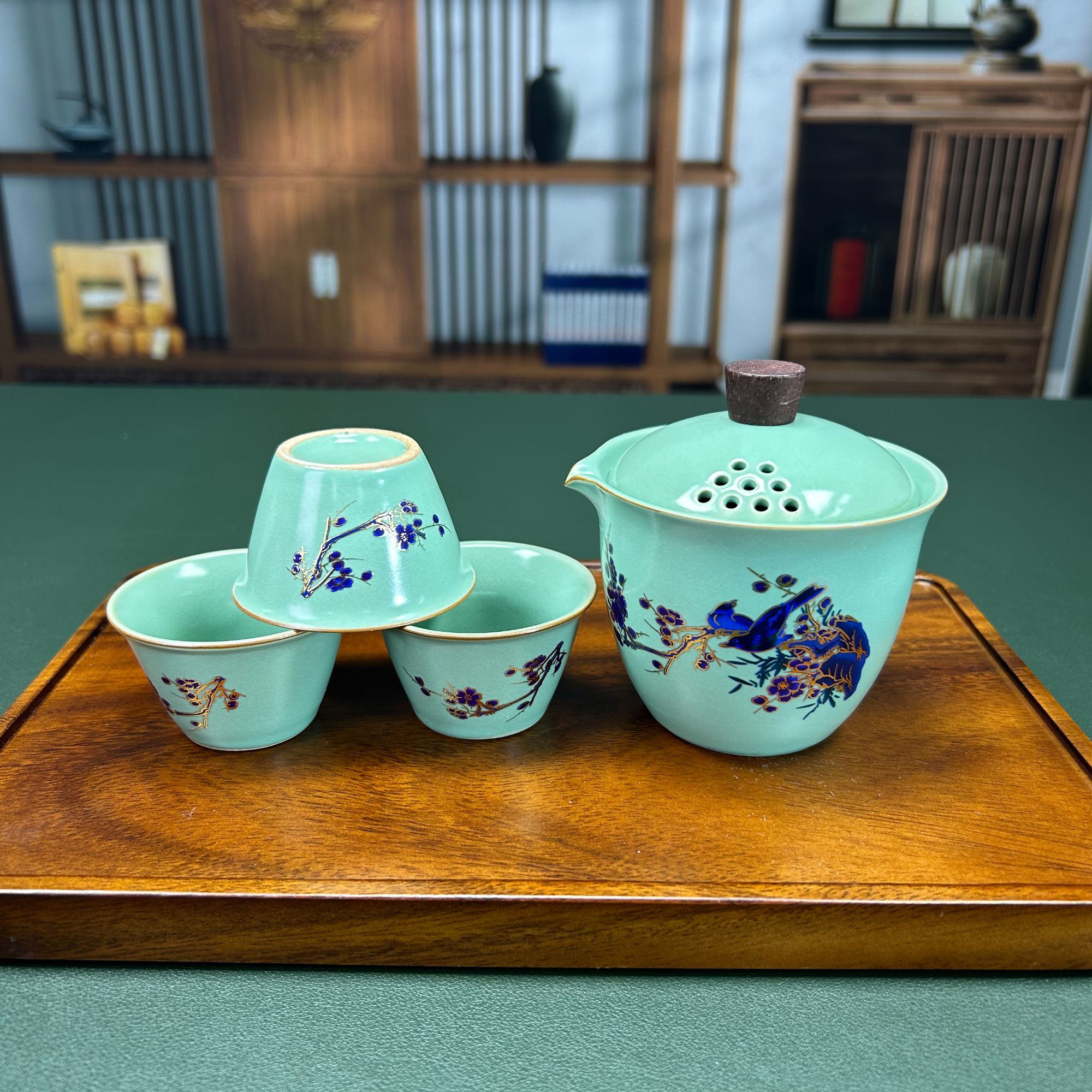 h预热变色雀上枝头旅行茶具一壶三杯A   0417