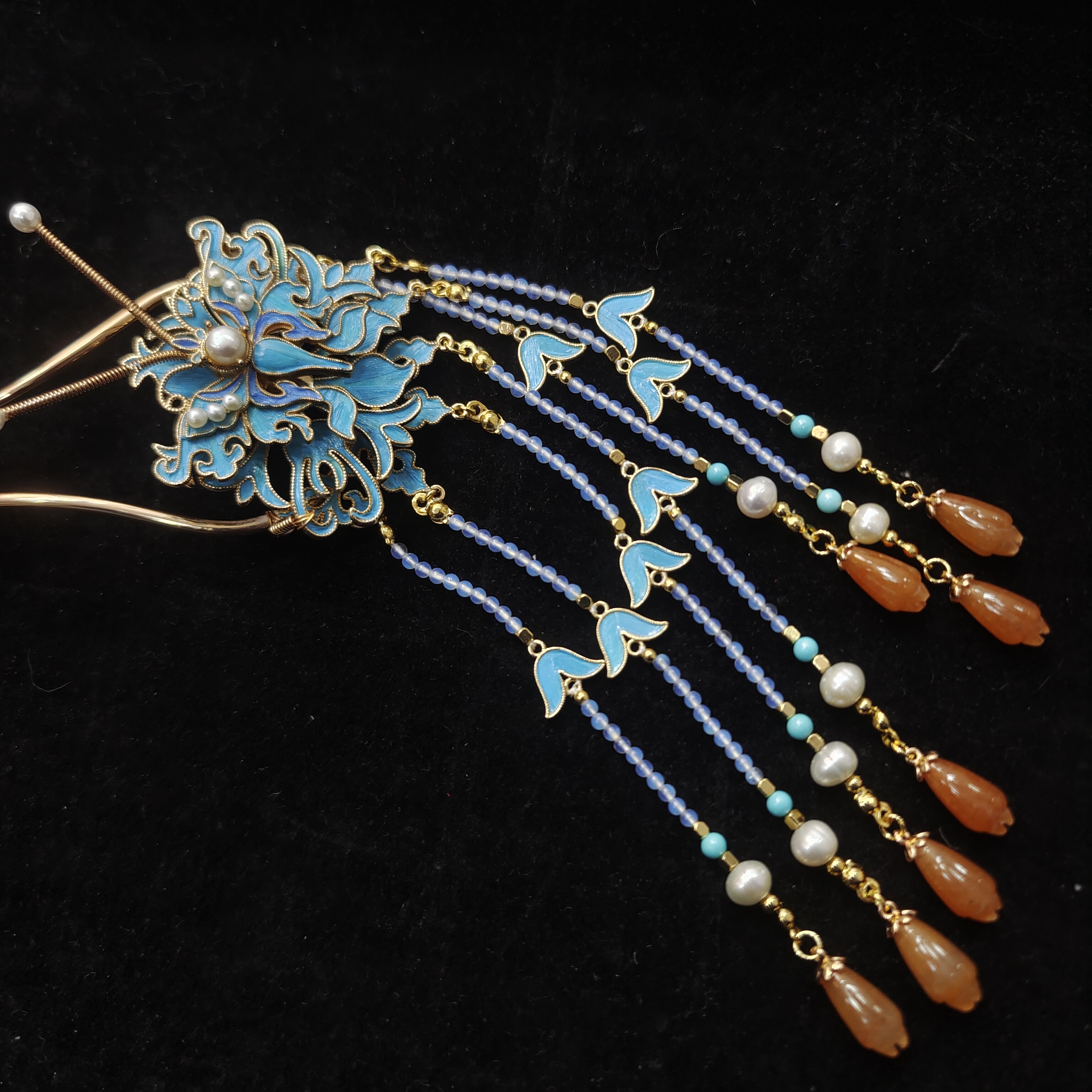 铜合金长 款流苏 蝴蝶形状130mm 羽毛镶嵌发簪