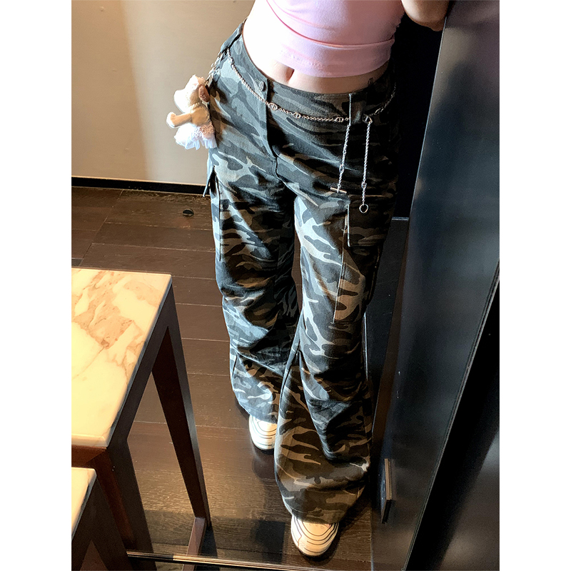 肉装小cherry 绿影时光 高街感微胖立体口袋V腰压褶宽松迷彩裤女