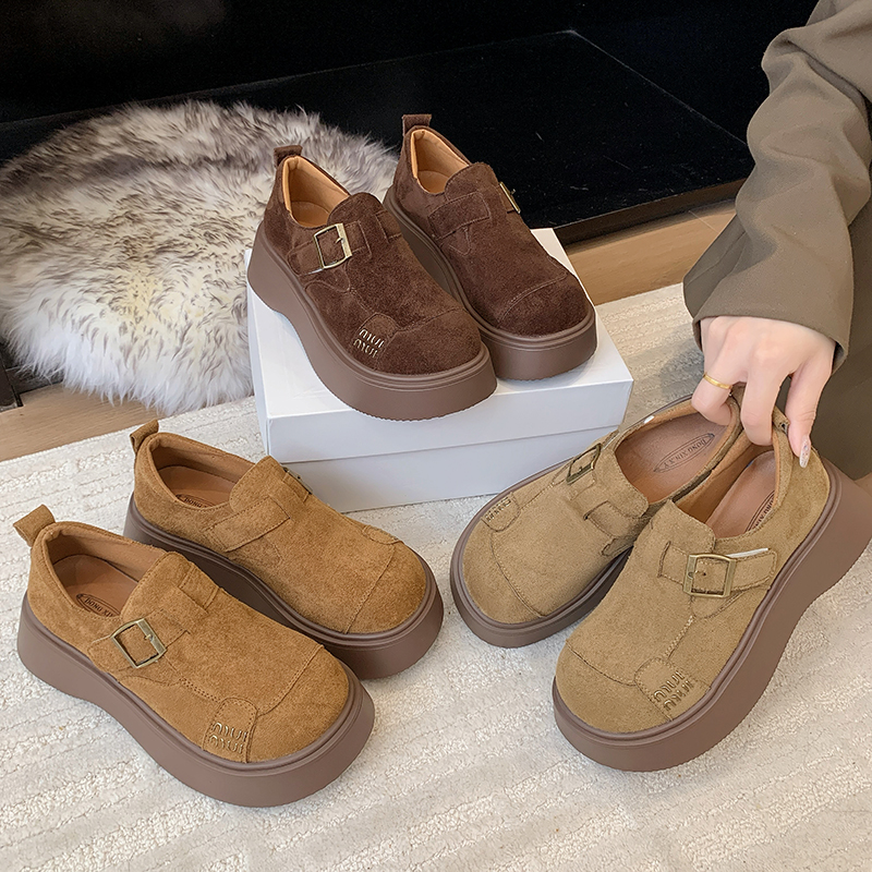 厚底乐福鞋女2025春秋新款一脚蹬勃肯鞋圆头绒面增高显瘦配裙单鞋