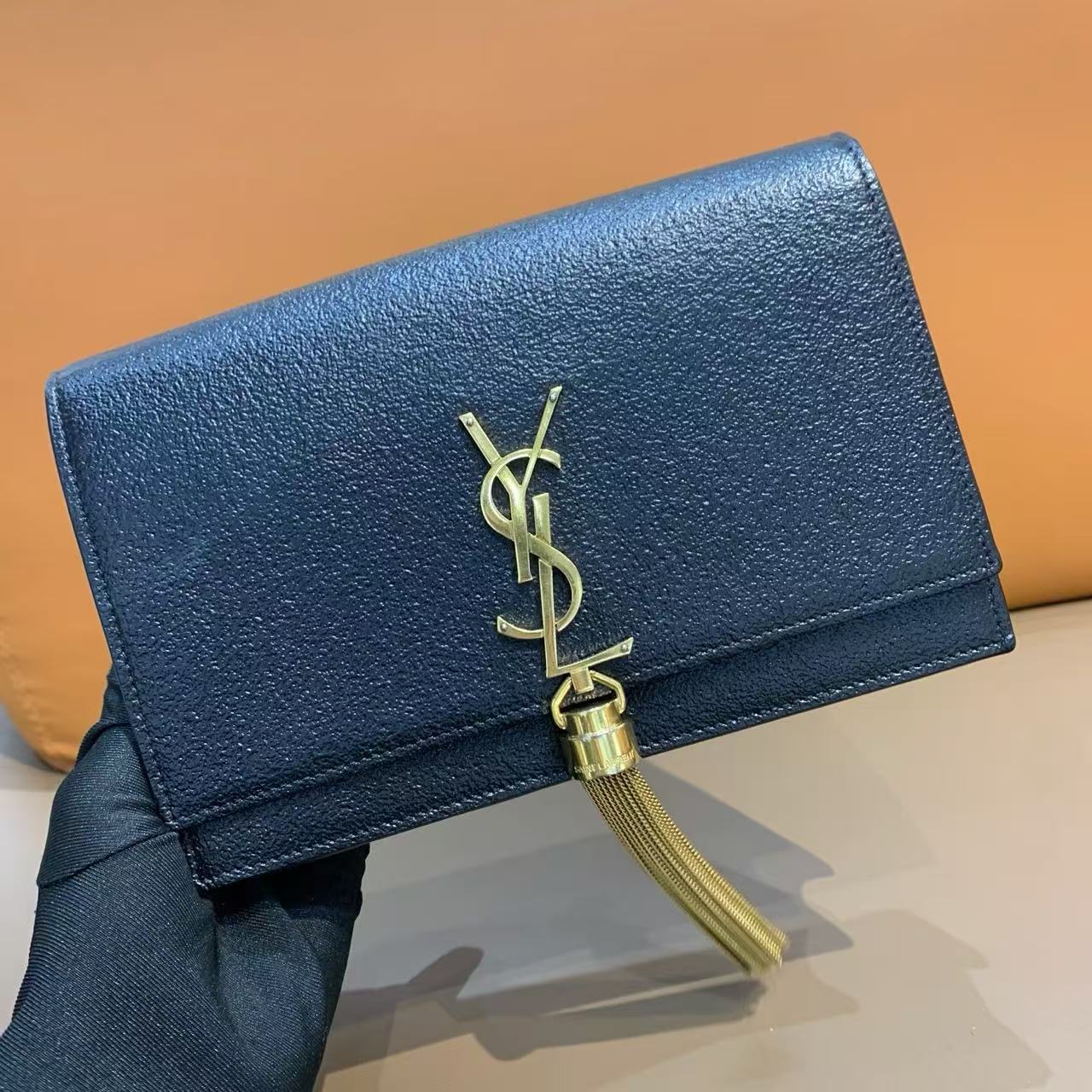 95新 YSL/圣罗兰  （铭）黑金流苏荔枝纹鱼子酱牛皮kate 经典款