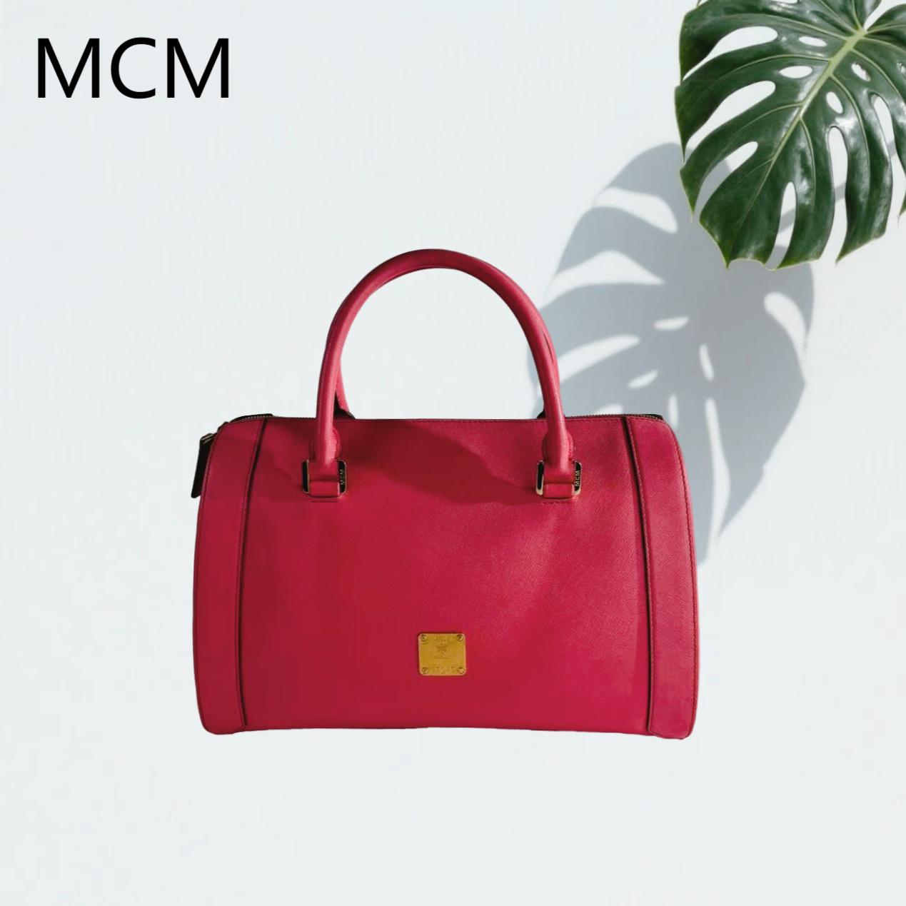 95新 MCM 玫红色手提波士顿G25501986底长34X22