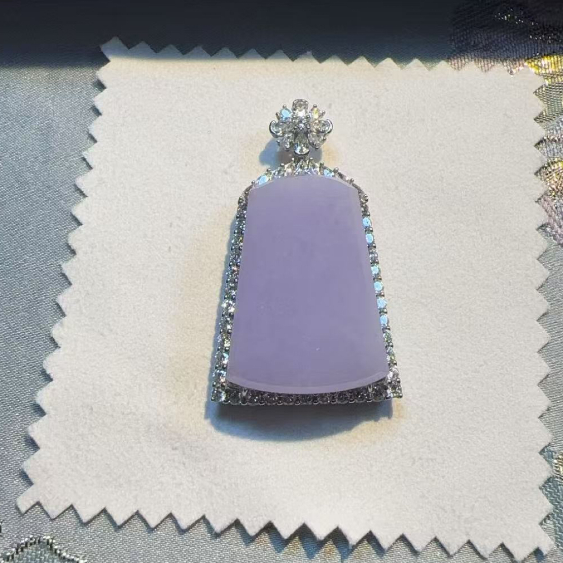 冰紫翡翠无事牌吊坠 大件厚装 浓妖紫翡翠吊坠裸石33.3-23.4-6.5