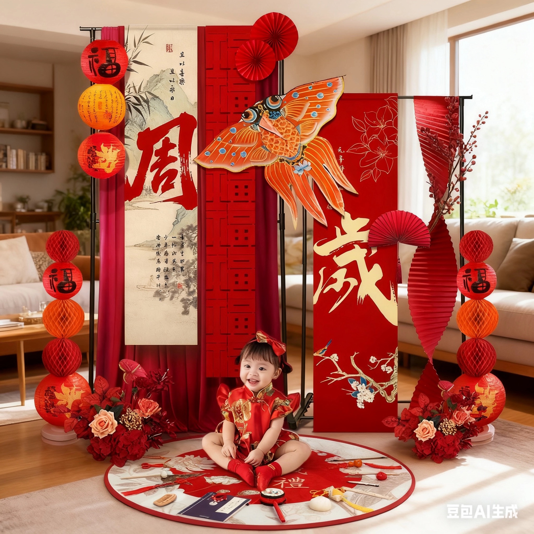 宝宝周岁礼抓周布置装饰场景氛围感男女孩拍照道具背景墙kt板定制