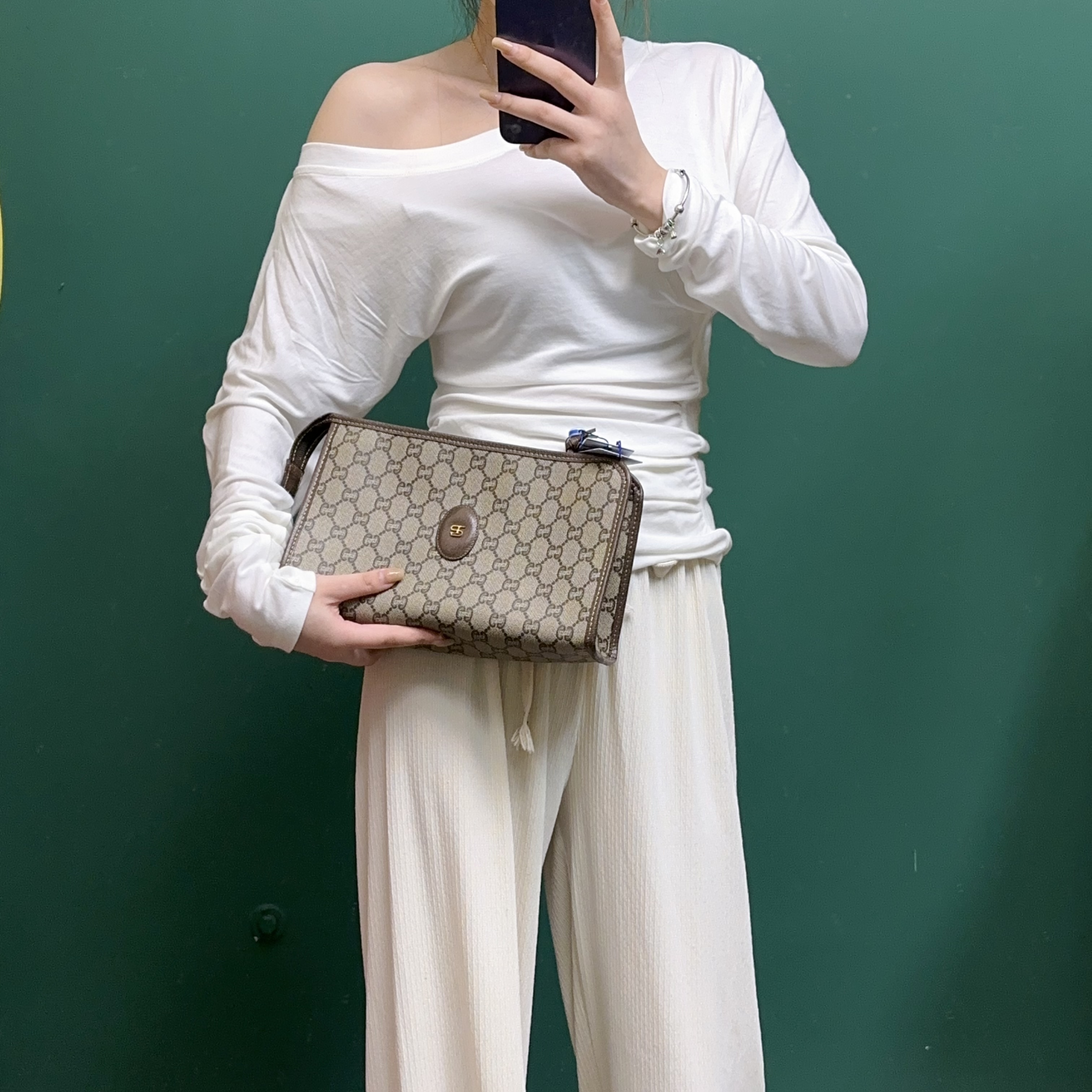 95新 GUCCI/古驰 TH780 乌木色拼棕手拿洗漱