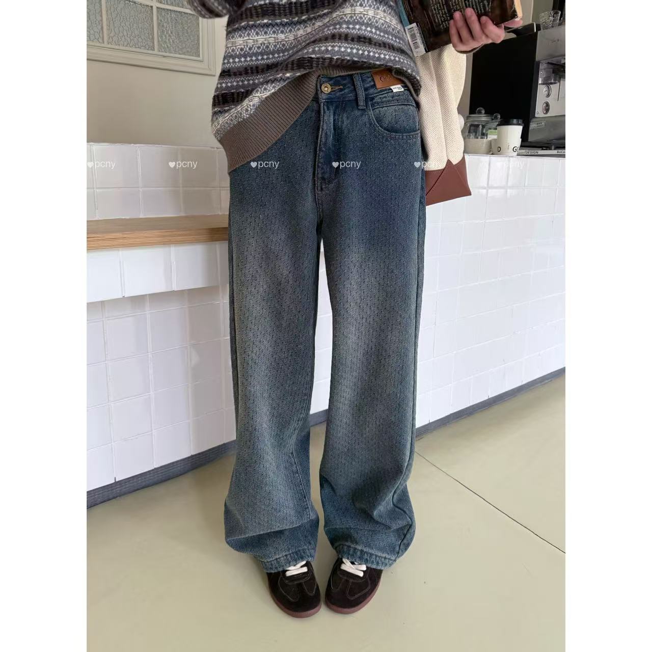 PCNY「虚幻纹路」不理理秋季新款女装显瘦高腰纹理直筒水洗牛仔裤女