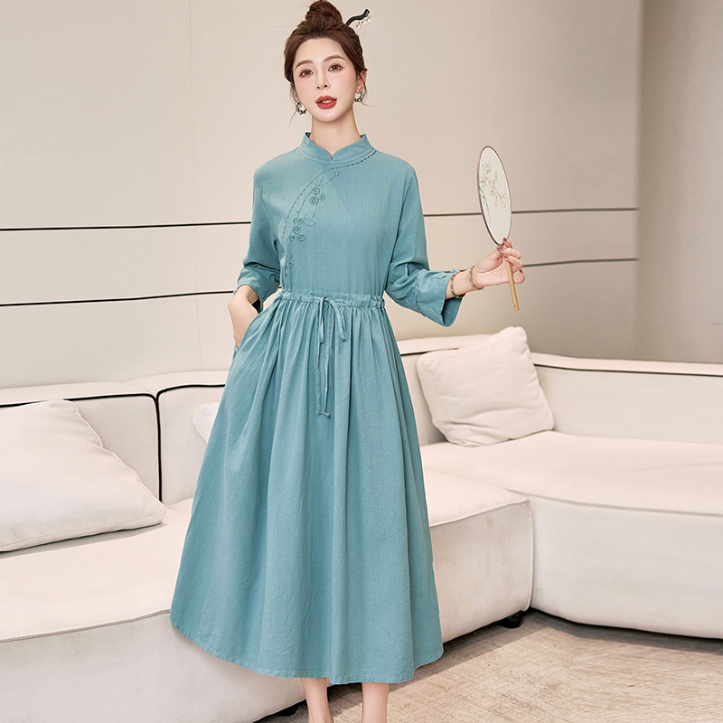 2.25早预告款春季新款高腰系带新中式气质立领连衣裙 NN-OXNL7713