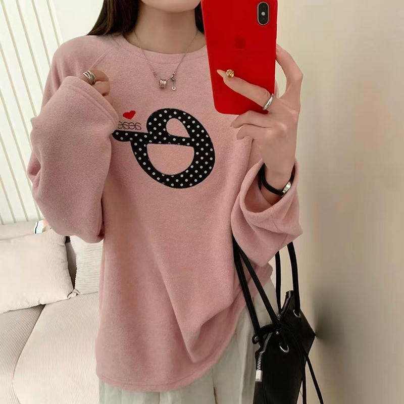 2157冬季印花小狗圆领长袖T恤女加绒加厚宽松休闲百搭女士打底衫