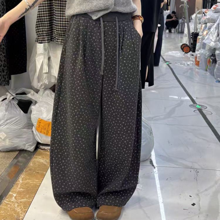 秋冬新款加厚碎花阔腿呢子裤慵懒百搭休闲时尚