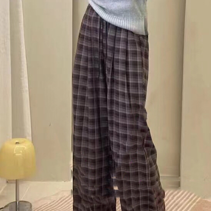 新款撞色格子高腰显瘦直筒休闲阔腿女裤