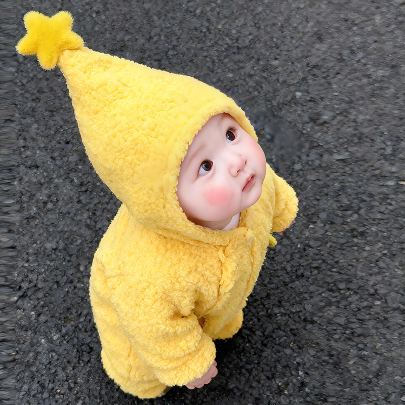 婴儿星星人连体衣加绒男女宝宝冬装毛绒衣服可爱超萌外出抱衣爬服