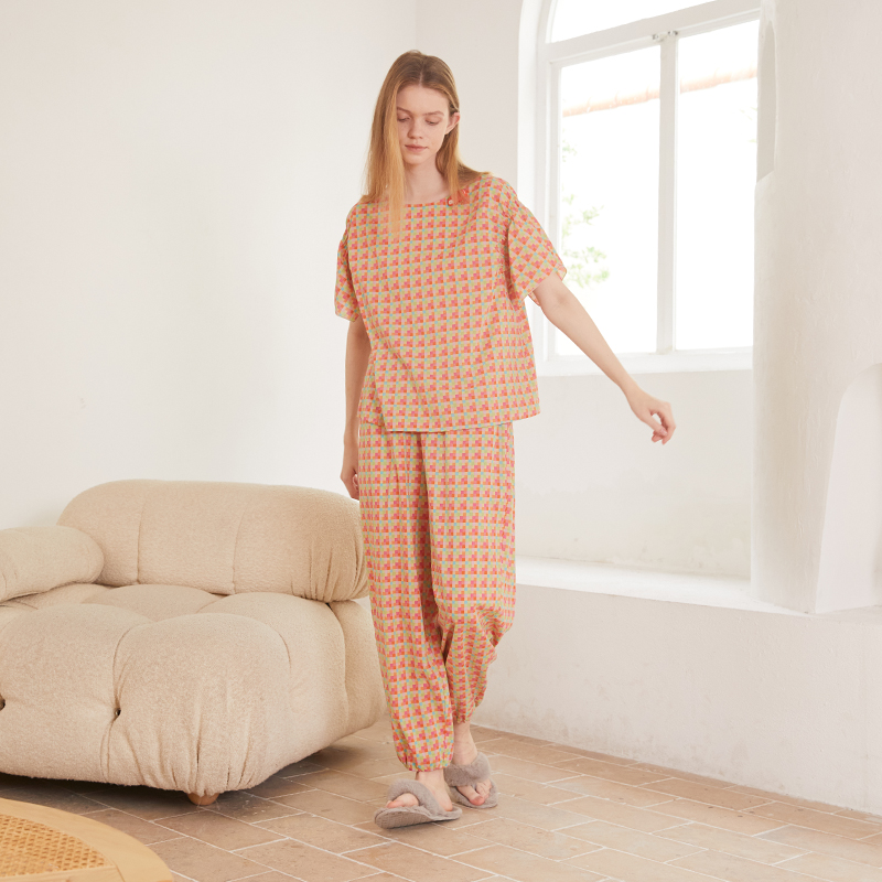 朵朵可可睡衣女春夏新款纯棉薄款甜美格子圆领短袖长裤家居服套装