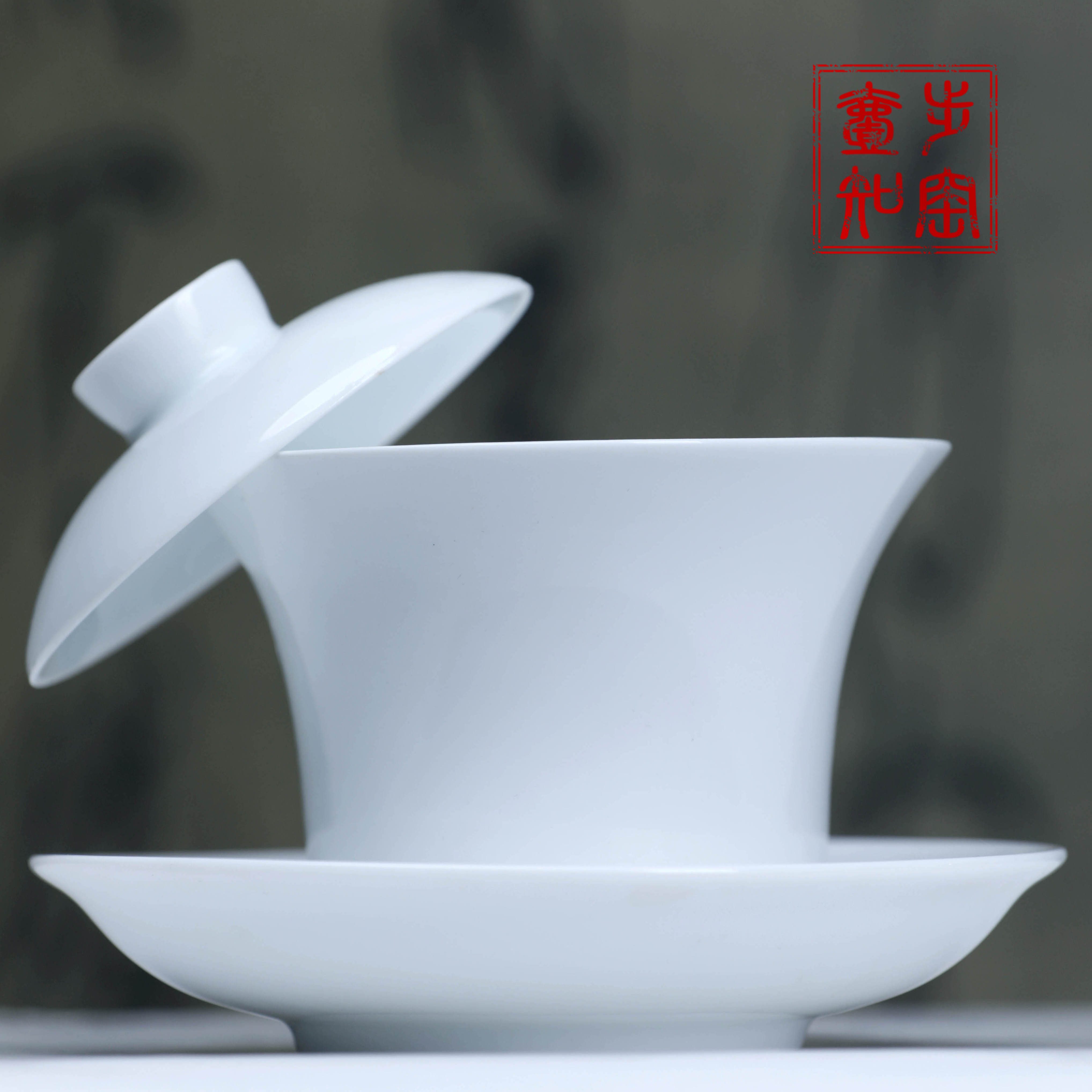 景德镇手工白胎薄瓷三才盖碗可悬停可旋转潮润高温陶瓷