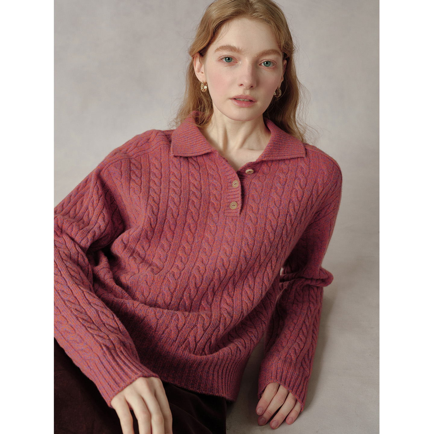 小岛微风“智感女孩”意大利进口纱线初剪羊毛绞花POLO领毛衣MY6128