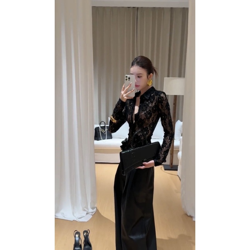 法式性感修身显瘦黑色蕾丝长袖上衣秋冬设计感百搭阔腿皮裤子套装