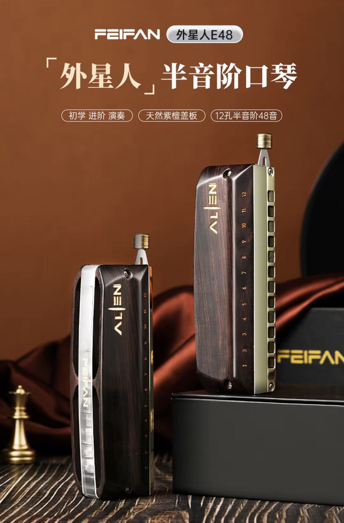 FEIFAN飞繁半音阶口琴12孔C调E48成人学生初学者专业演奏乐器