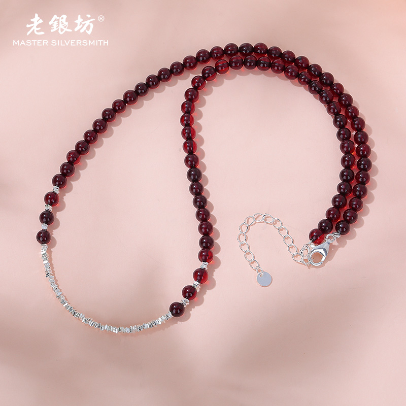 老银坊s925银琥珀间珠不规则碎银链项链 0021539