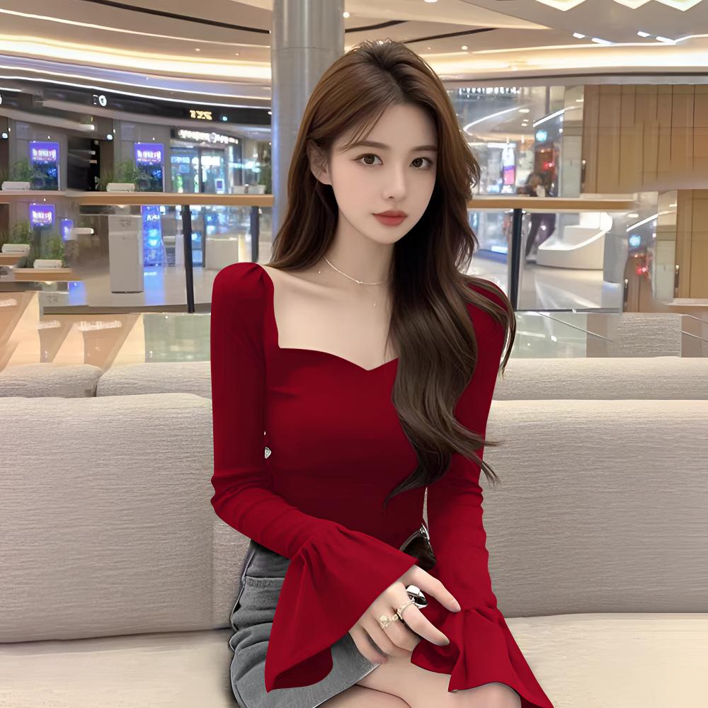 黑色甜辣妹方领锁骨t恤修身显瘦内搭打底衫纯欲风短款上衣女性感