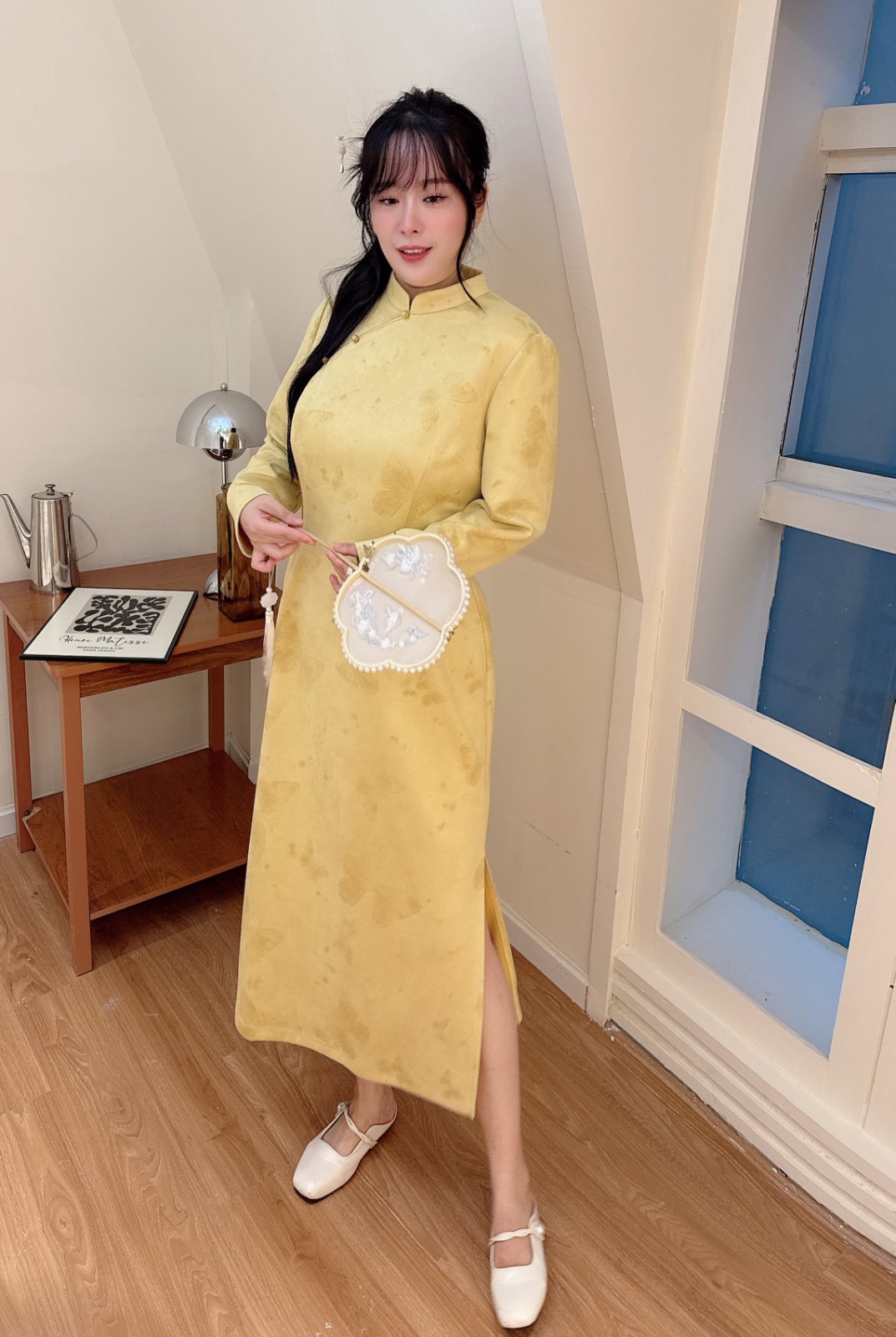 码加加51651胖MM秋季新款新中式黄色麂皮绒大码显瘦大码连衣裙