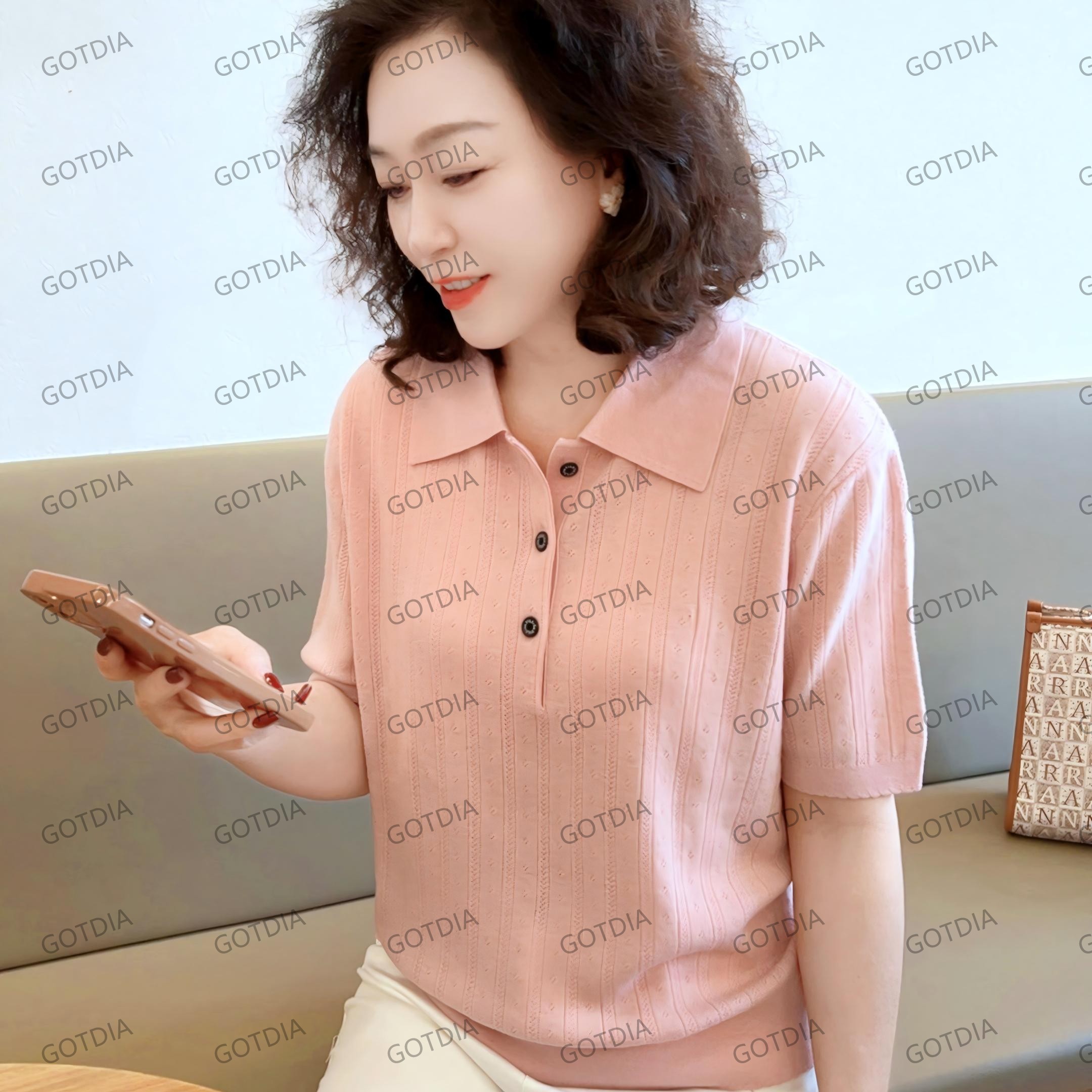 【薄款羊毛短袖】2025新款宽松女士（2567）休闲百搭夏季翻领显瘦显瘦