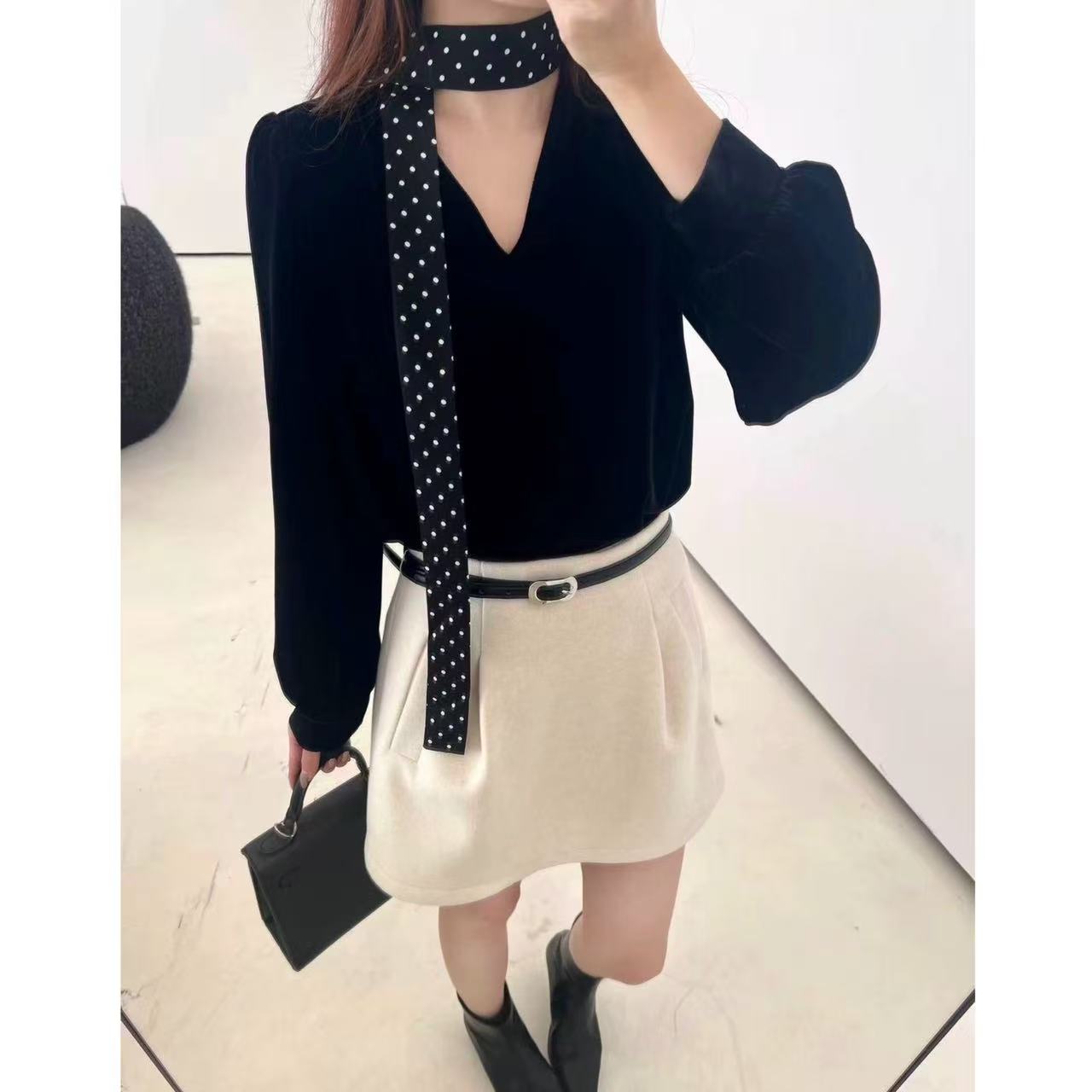  赫本风飘带丝绒T恤