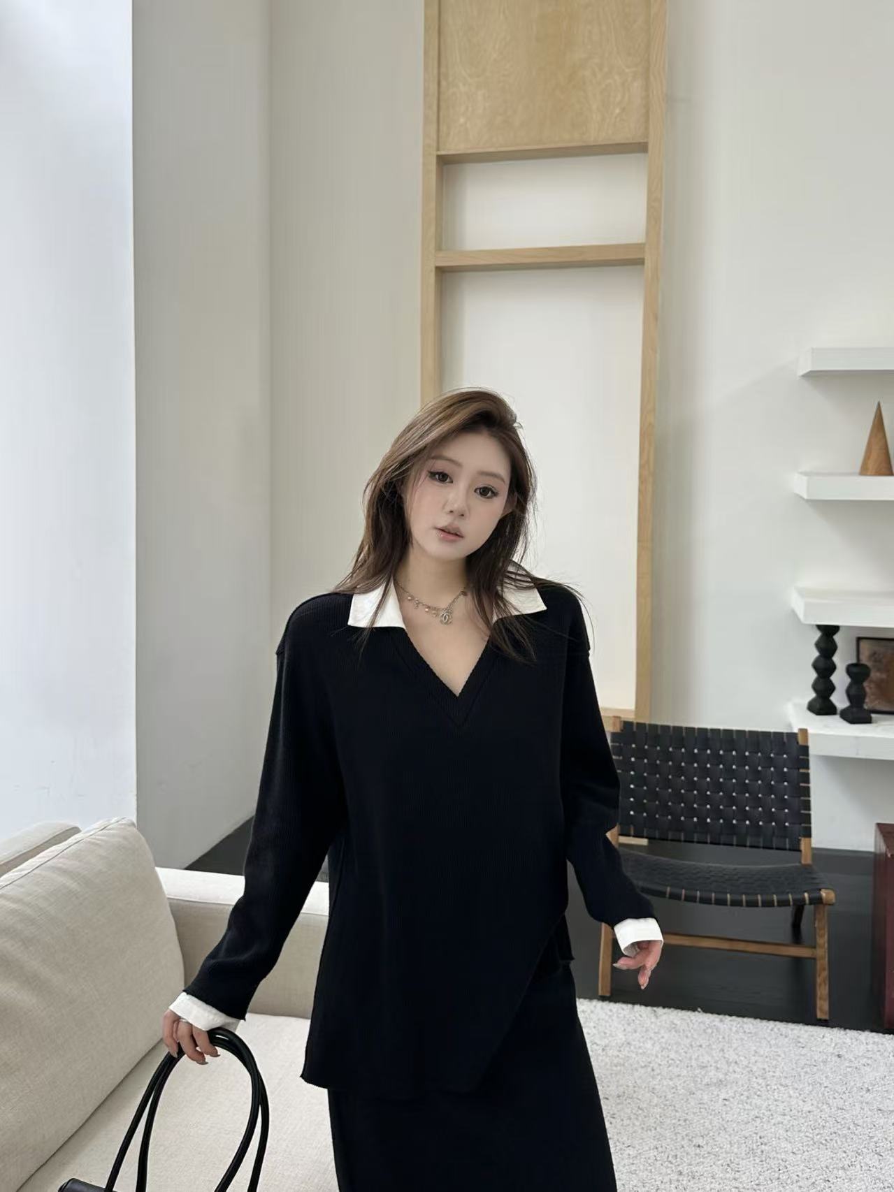 琪琪怪怪大码女装【藏肉穿搭】撞色设计感针织上衣+半身裙T18181QQ