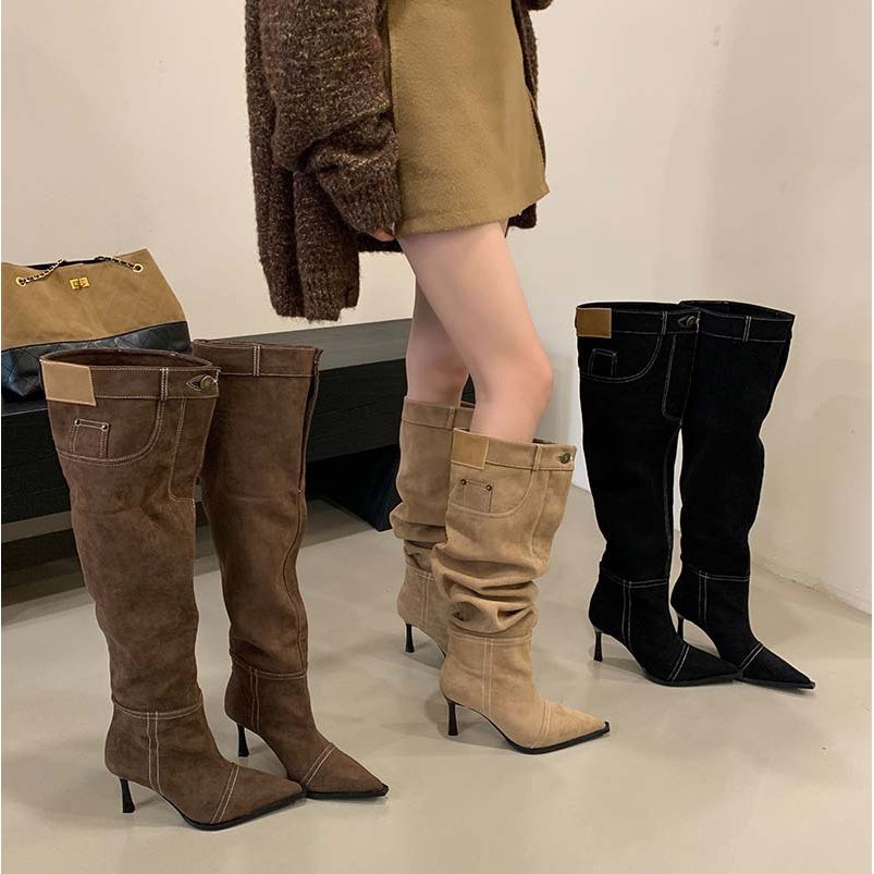 高跟辣妹风尖头牛仔靴女鞋2025年秋冬新款堆堆靴细跟复古法式单靴