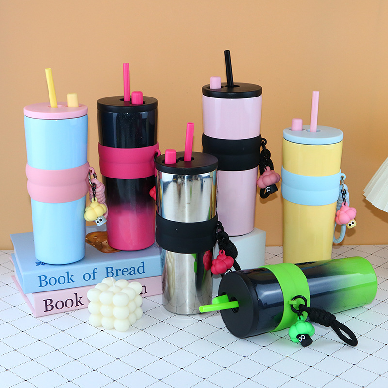 网红新款316不锈钢杯渐变色吸管保温杯户外大容量车载冰霸杯