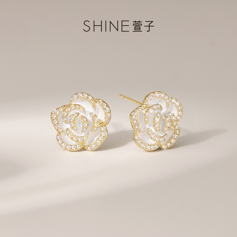 萱子 纯铜合成锆石耳饰 时尚百搭小香风山茶花优雅精致耳钉耳环