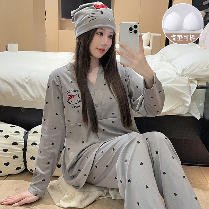 【带胸垫】纯棉月子服A类孕妇睡衣秋冬季可外穿产后12月份产妇哺乳