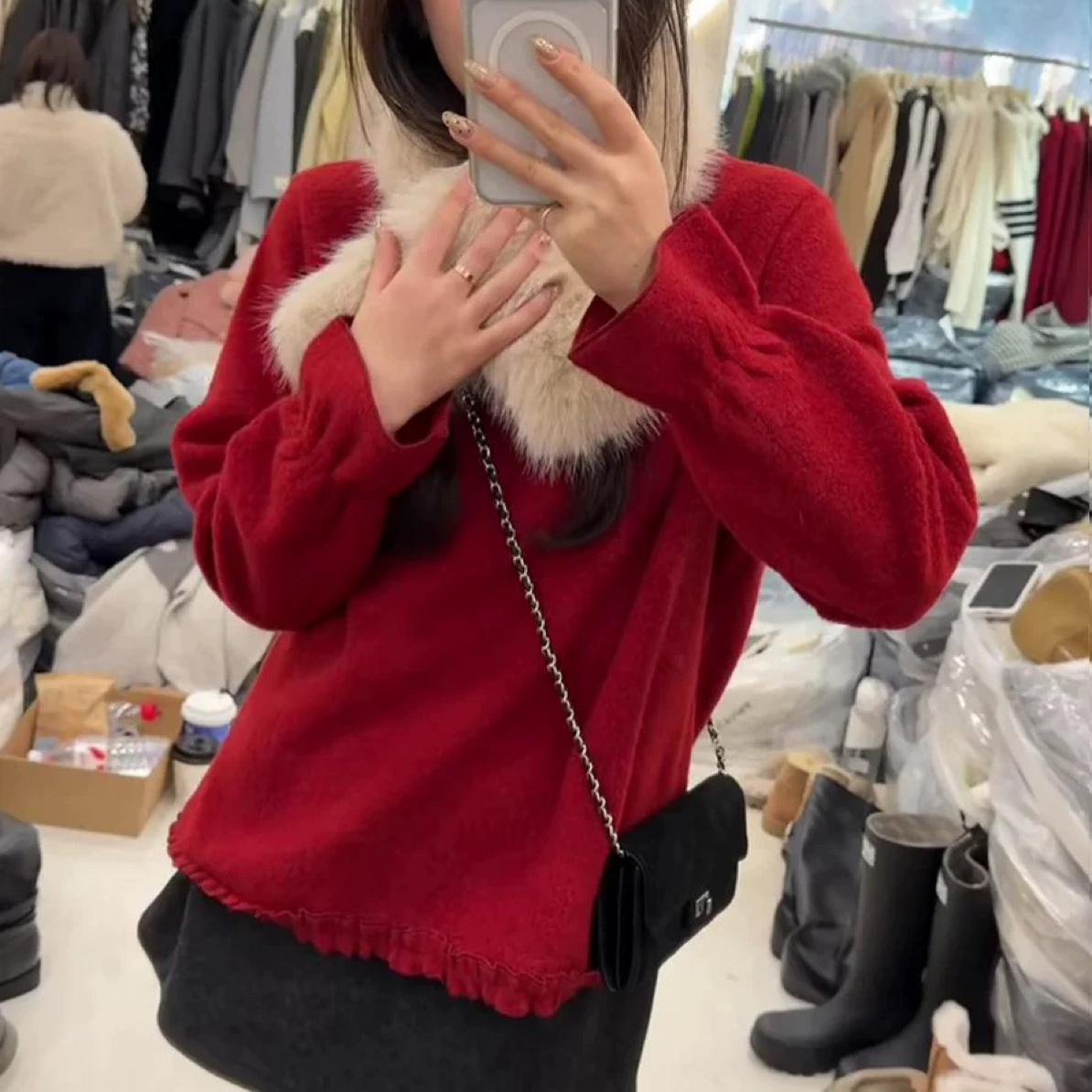 〔毛领花边袖加绒T〕韩版毛毛围脖木耳边喇叭袖长袖T恤