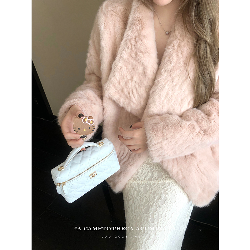 LUU桃喜儿/粉色仿水貂毛环保皮草外套女秋冬慵懒皮毛一体短款上衣