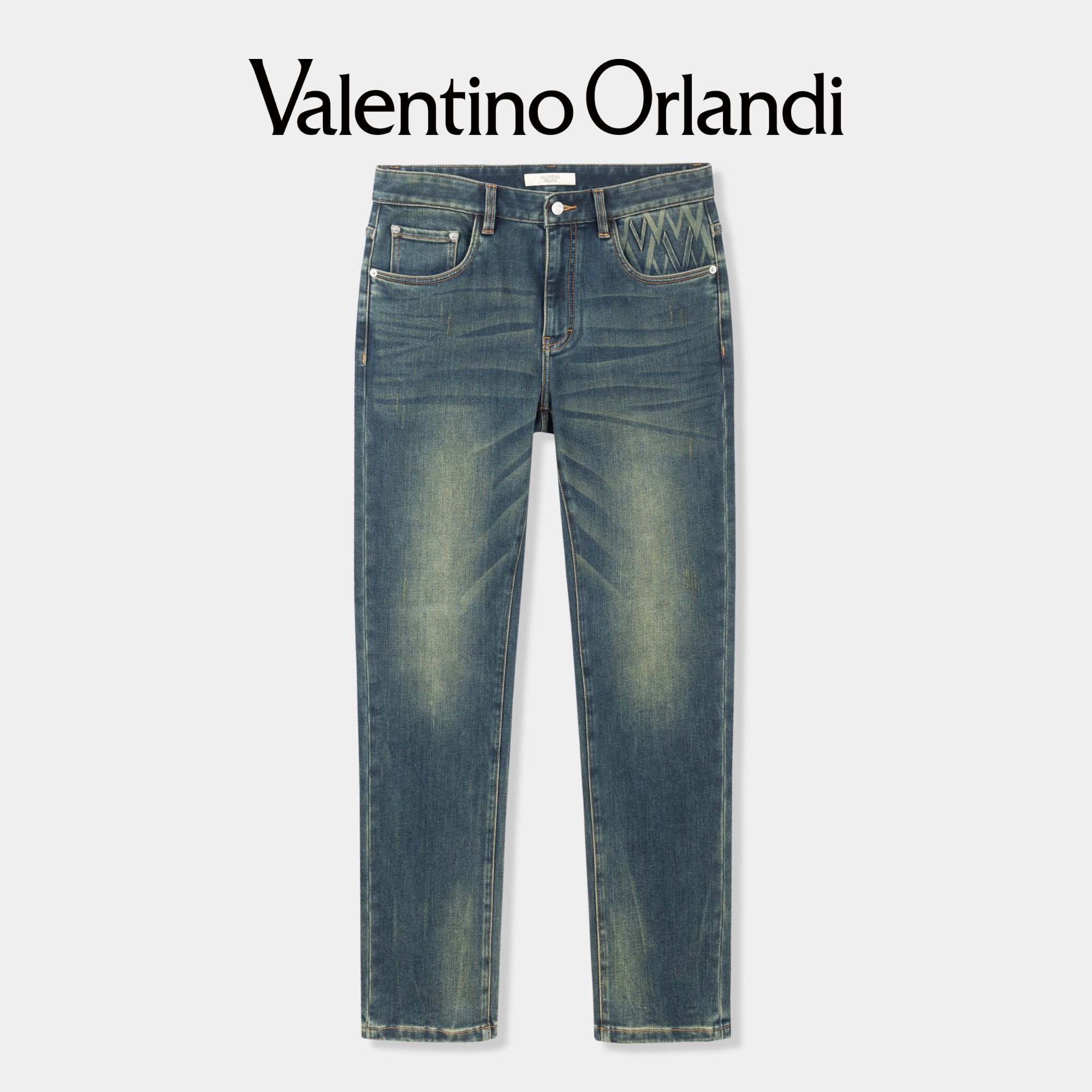 Valentino orlandi男士春秋A版时尚百搭钢印V标复古直筒牛仔裤