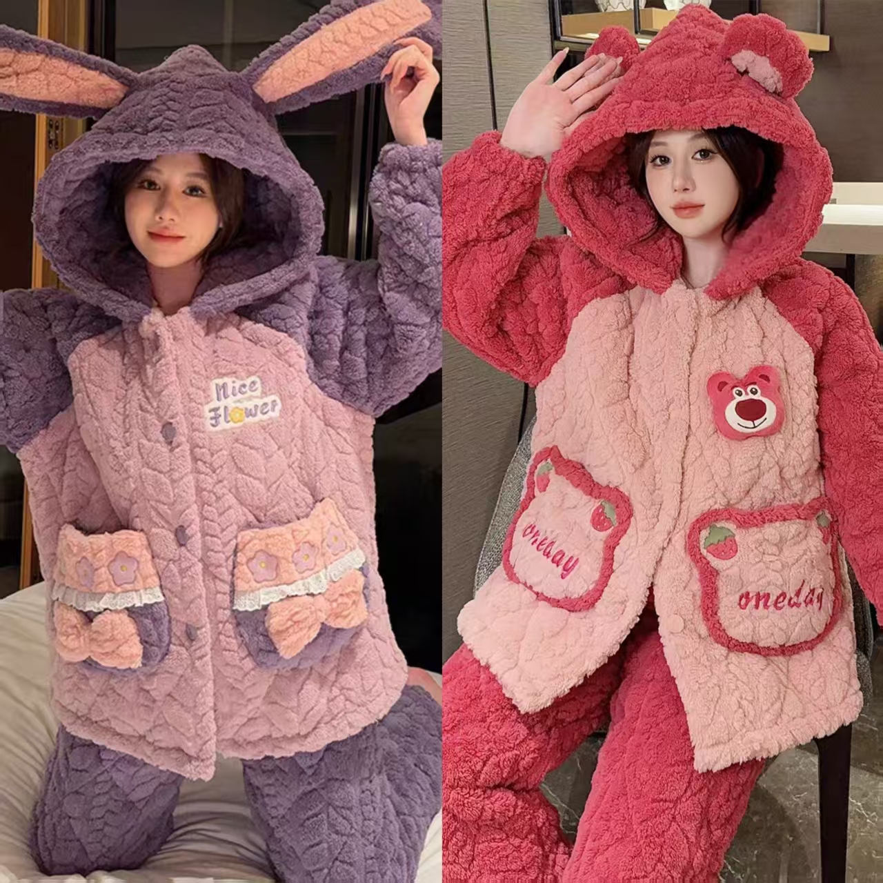 胖尊冬季新款女装可爱卡通保暖女士睡衣家居服连帽套装 328-329