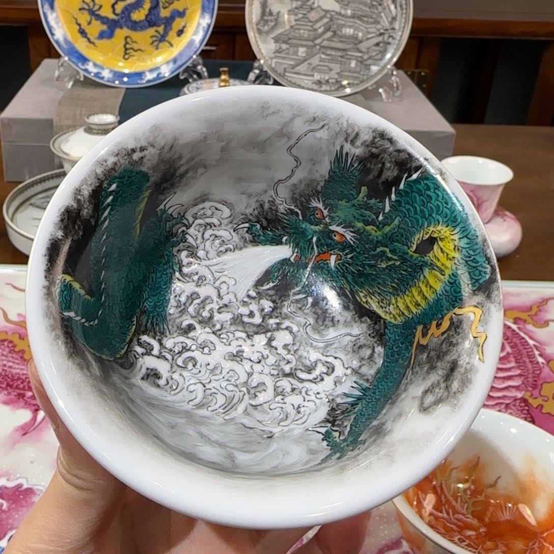 纯手工手绘青龙压手杯