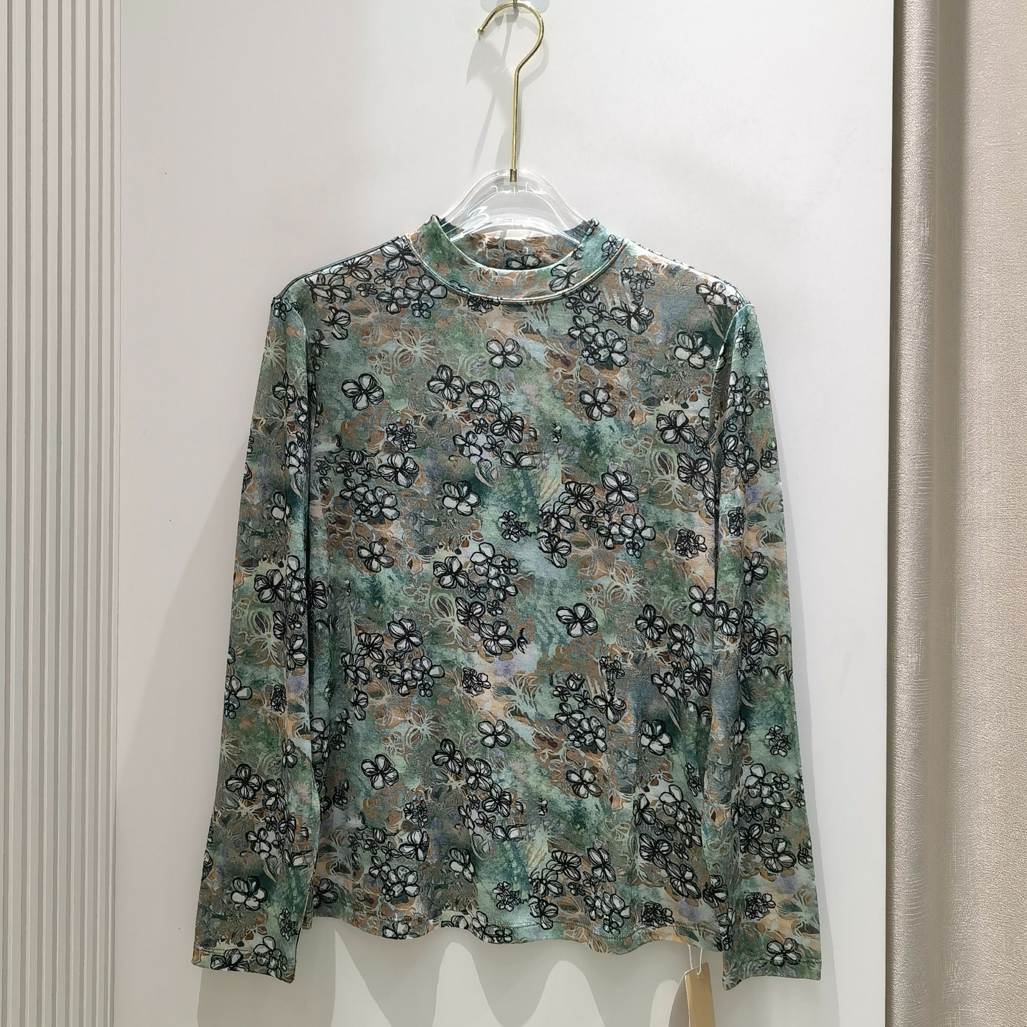 美丽诺立领羊毛长袖T恤女秋冬内搭半高领毛衣印花打底衫上衣4049Y