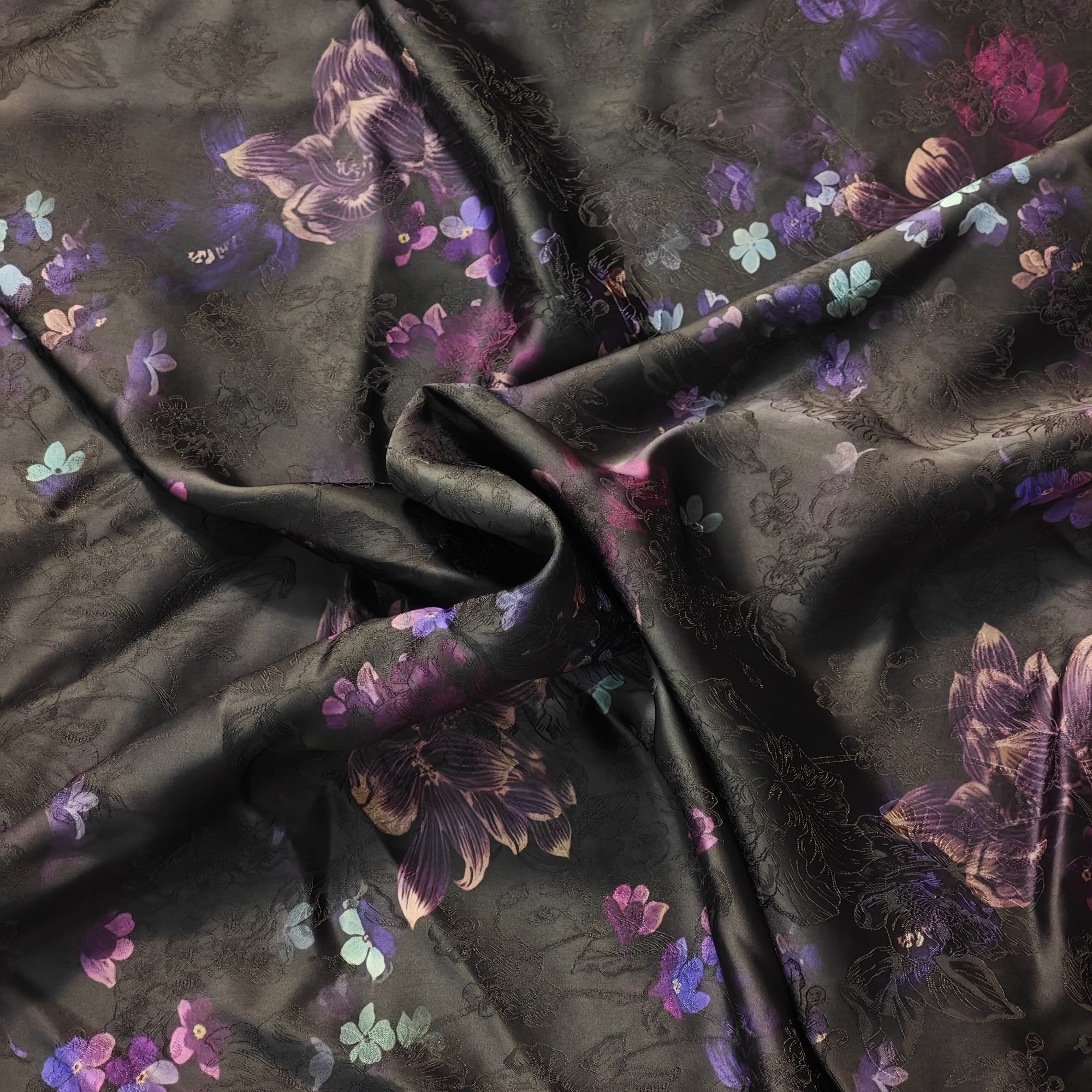 『暗夜繁花』新中式香云纱面料  莨纱花萝提花(裁开不退换）