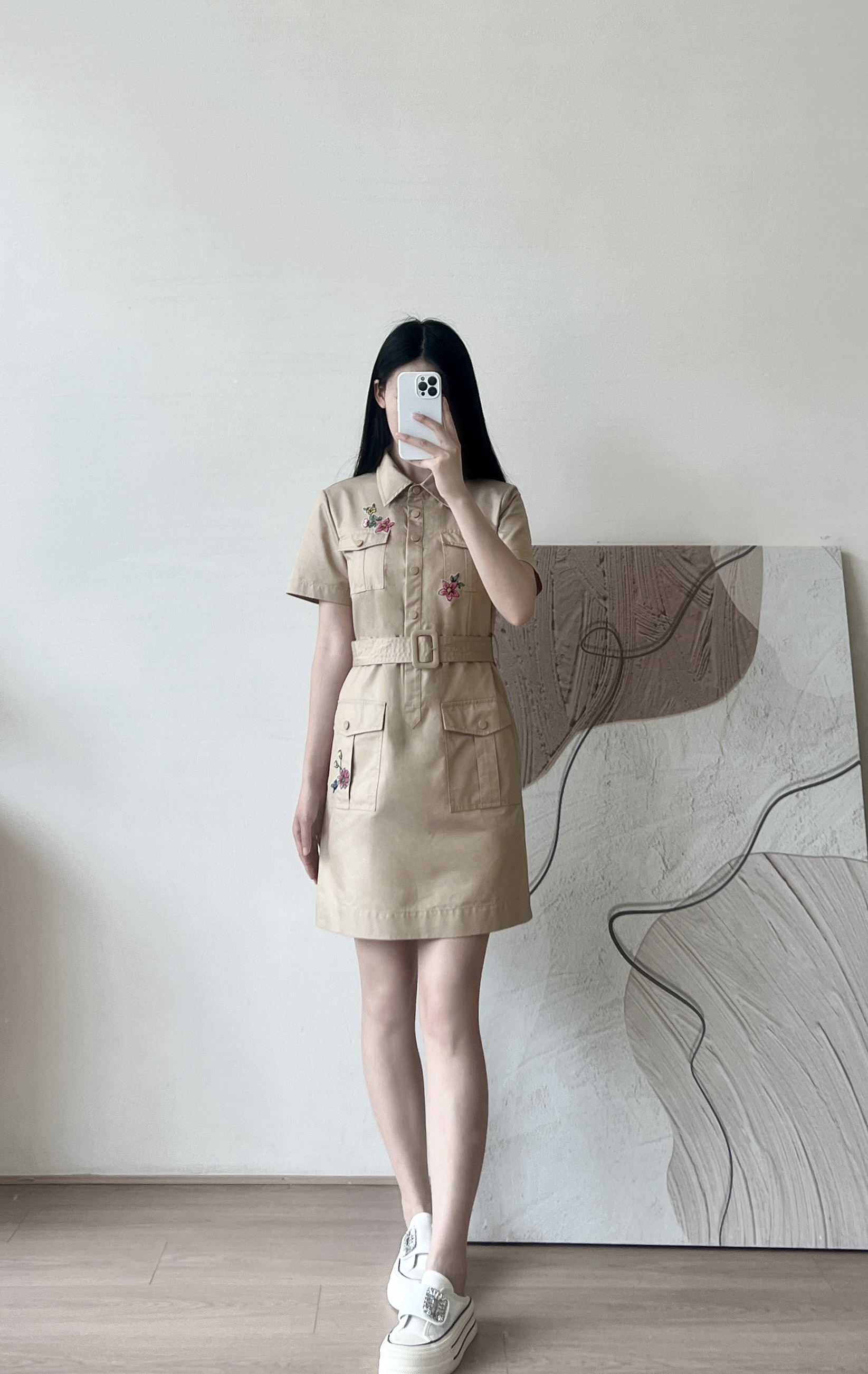 COCOON卡其色显瘦刺绣连衣裙时尚休闲百搭夏季022346
