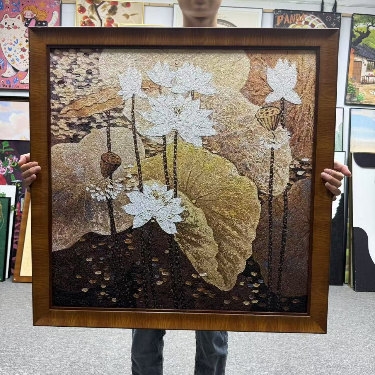 风复古肌理感高级感荷花客厅背景墙轻奢装饰画8080