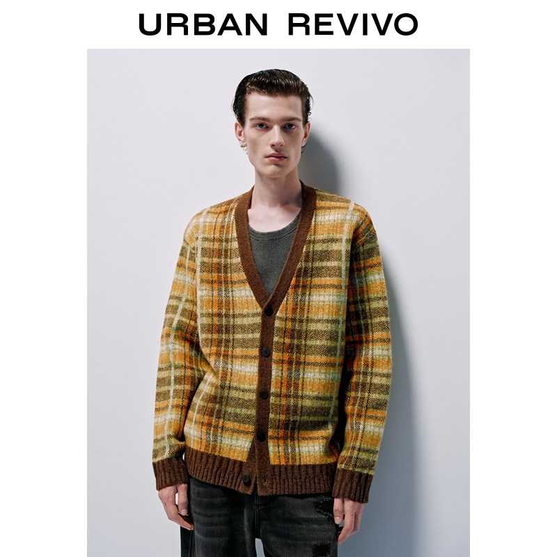 UR2025冬季新款男装琥珀流光风撞色格纹针织开衫UUV950020