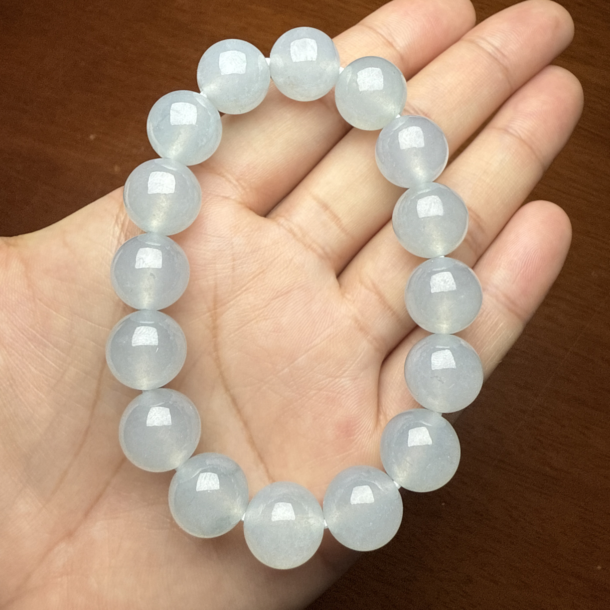 缅甸翡翠A货 糯冰种淡蓝底色男士手链12.7mm/16颗