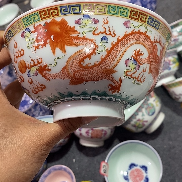 摆件陶6寸绿稀土龙凤碗