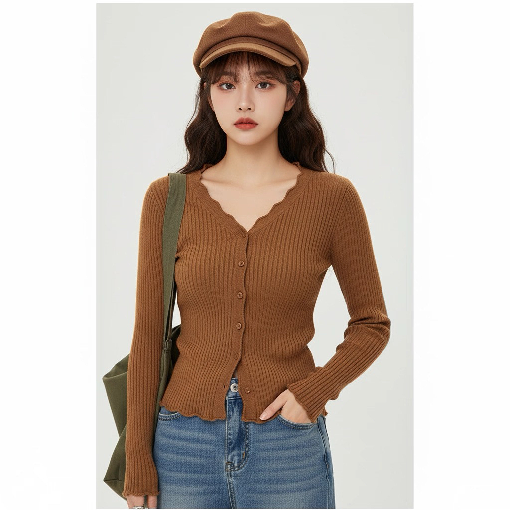 Girdear/哥弟早春流光风新款法式慵懒风V领显瘦针织开衫148082