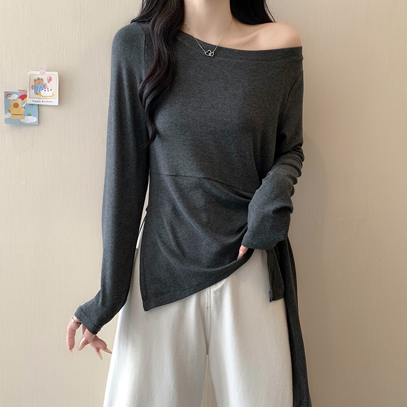 绑带长袖女士早秋绑带修身T恤薄款不规则内搭短款162346