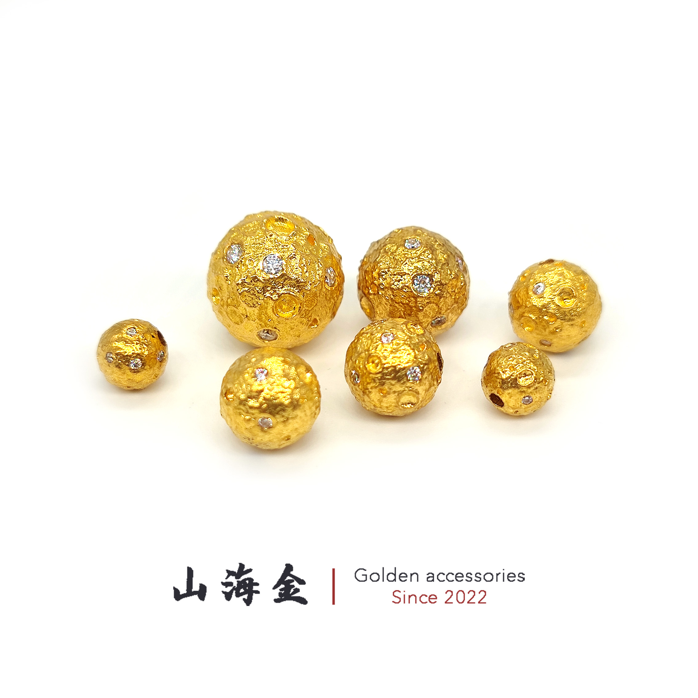 山海金 24K纯黄金999足金点钻月球圆珠星球隔珠文玩手串菩提配饰