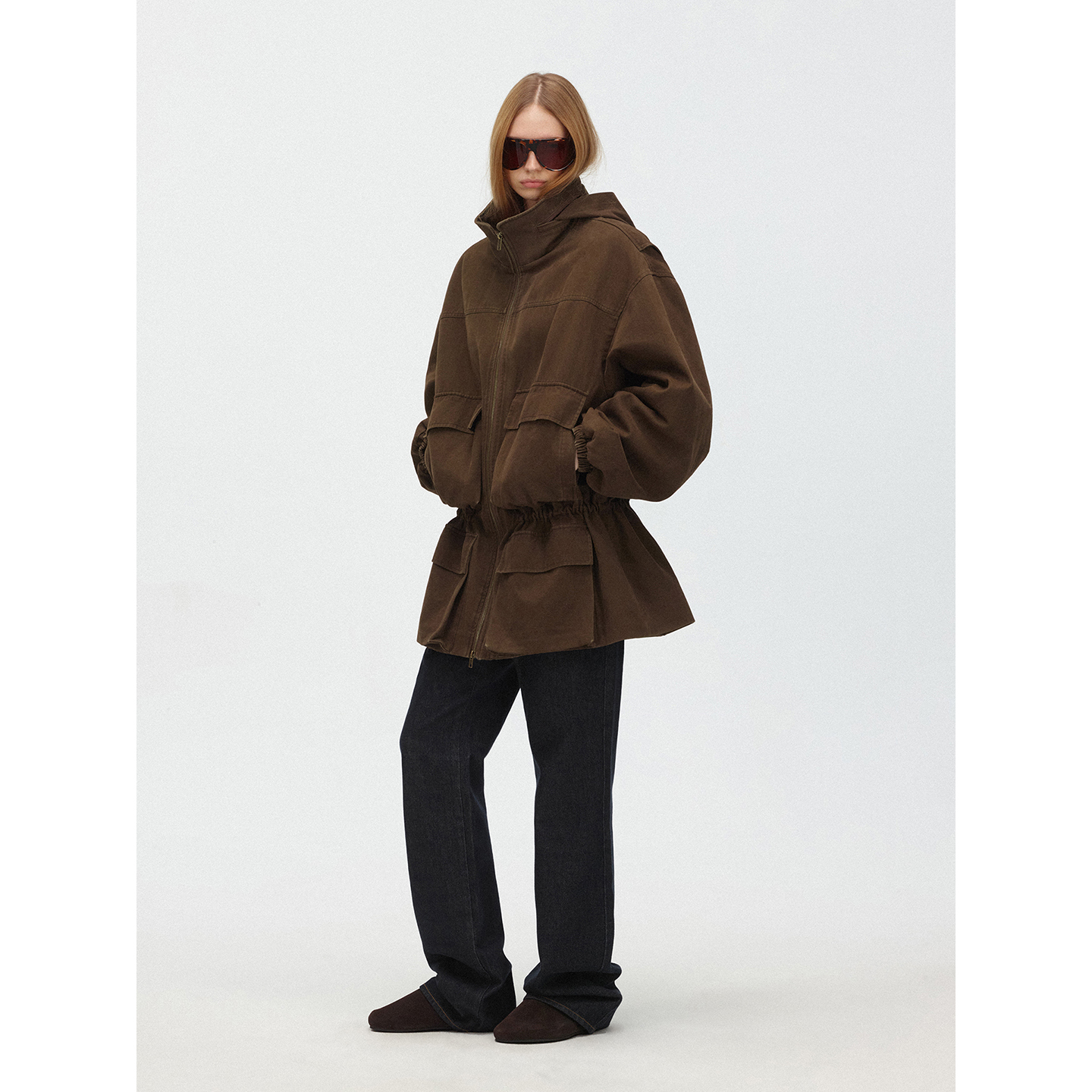 saumple study symp 水洗抽绳收腰立领工装棉服外套