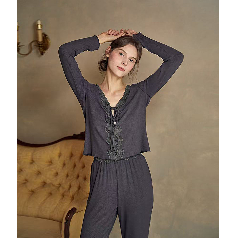 米诗缇【深灰色蕾丝木耳边长袖长裤】小众潮牌时尚设计可外穿家居服