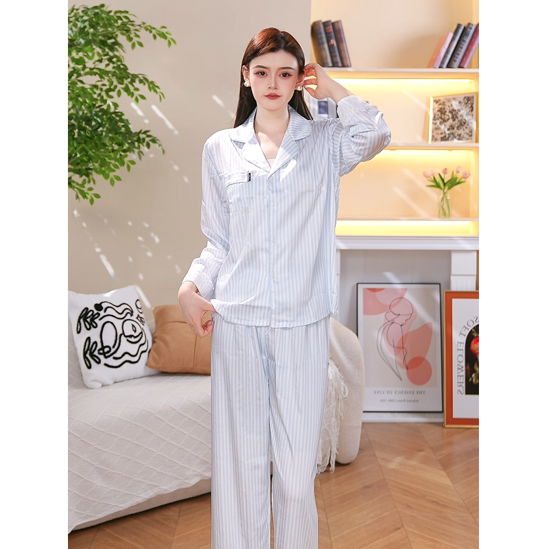  柔光软丝长袖家居服简约条纹睡衣女小众春夏季两件套QM-8509